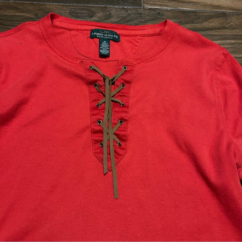 Ralph Lauren Jeans Blouse Top Medium Orange Red with Leather Lace Up 100% Cotton